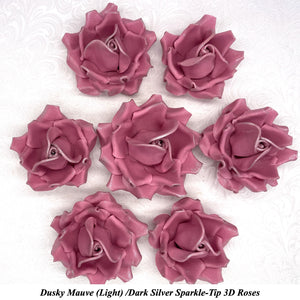 Dark Silver Sparkle-Tip Dusky Mauve Sugar Roses 3SIZES NON WIRED