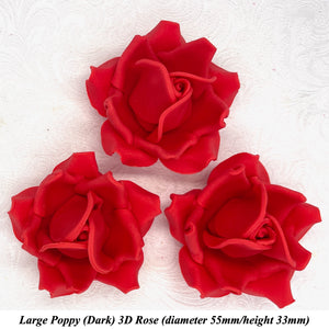 Poppy Red 3D Sugar Non-Wired Roses  3 SHADES 4 SIZES