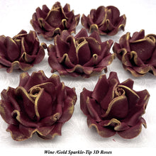 Gold Sparkle-Tip Wine Deep Dusky Mauve Sugar Roses 3SIZES NON WIRED