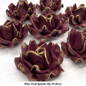Gold Sparkle-Tip Wine Deep Dusky Mauve Sugar Roses 3SIZES NON WIRED