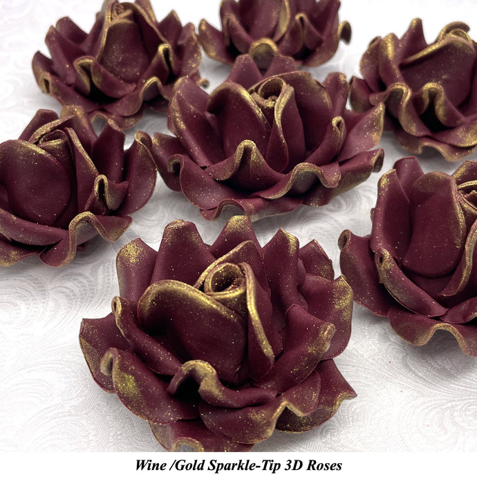 Gold Sparkle-Tip Wine Deep Dusky Mauve Sugar Roses 3SIZES NON WIRED