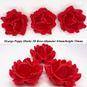 Poppy Red 3D Sugar Non-Wired Roses  3 SHADES 4 SIZES