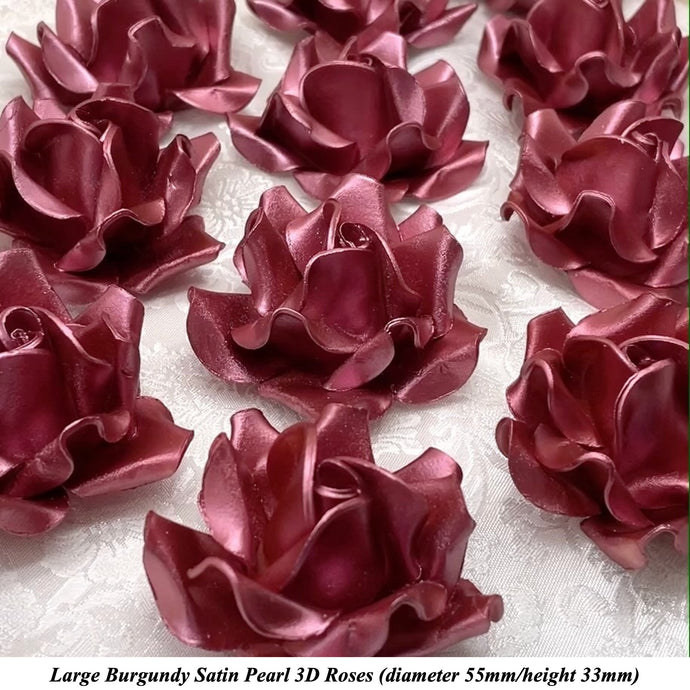 Non-Wired Large 3D Burgundy Pearl Sugar Roses Standard Petal 55mm