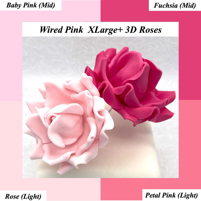 Pink Wired XLarge+ (Super) 3D Sugar Roses Larger Petal 80 mm