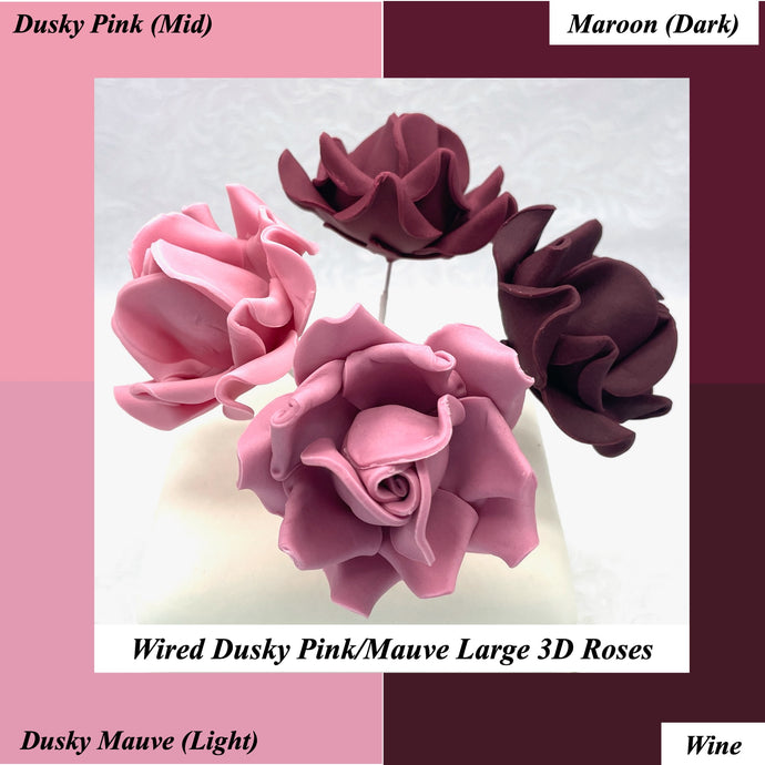 Dusky Pink Mauve Maroon Wine Wired Large 3D Sugar Roses Standard Petal 60 mm