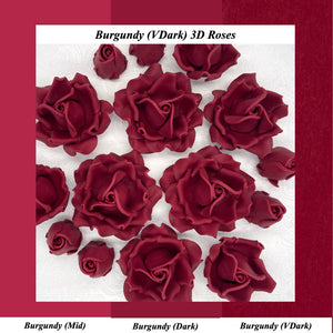 Burgundy Red 3D Sugar Non-Wired Roses  3 SHADES 4 SIZES