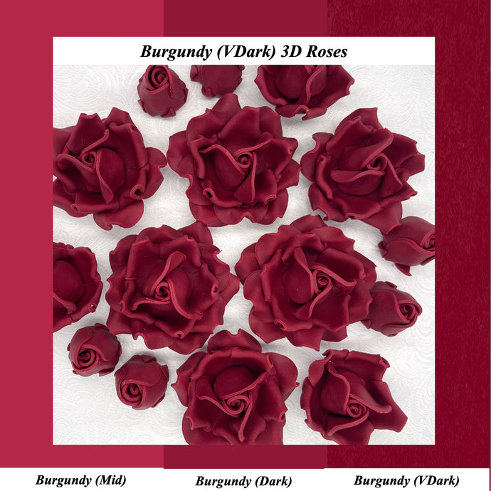 Burgundy Red 3D Sugar Non-Wired Roses  3 SHADES 4 SIZES