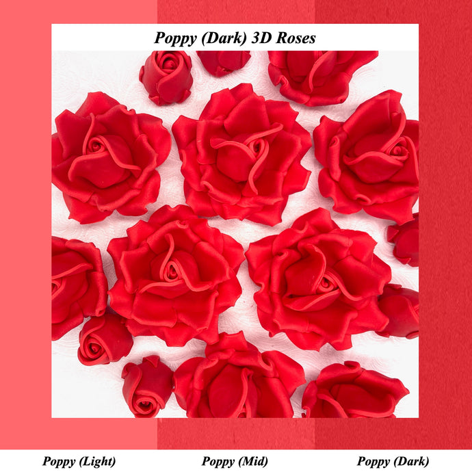 Poppy Red 3D Sugar Non-Wired Roses  3 SHADES 4 SIZES