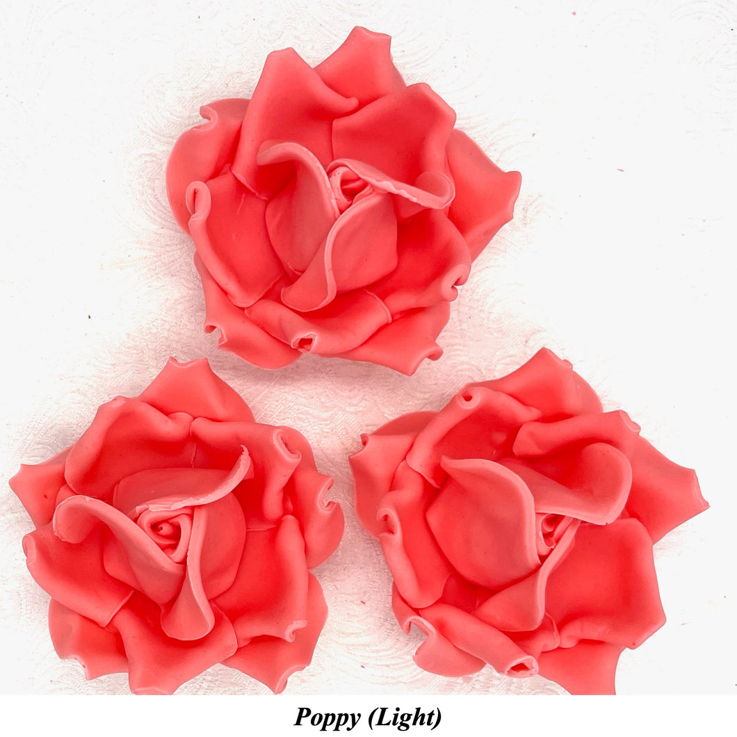 Large Poppy Red 3D Non-Wired Sugar Roses in 3 tones 55mm