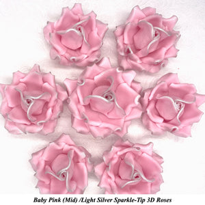 Light Silver Sparkle-Tip Pink Sugar Roses 3SIZES NON WIRED White/Pink Sparkle Tip Options
