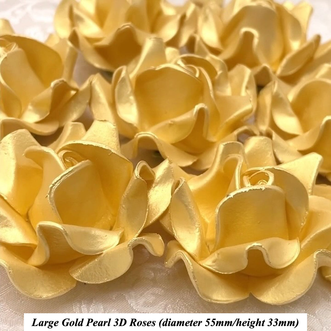 Non-Wired Large 3D Gold Pearl Sugar Roses Standard Petal 55mm