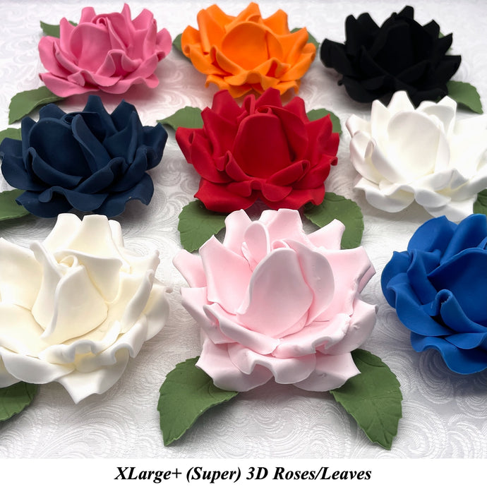 Non-Wired XLarge+ (Super)3D Sugar Roses & Leaves Larger Petal 75mm ALL COLOURS