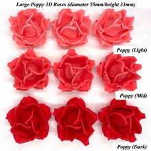 Large Poppy Red 3D Non-Wired Sugar Roses in 3 tones 55mm