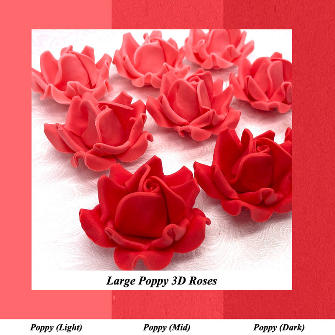 Large Poppy Red 3D Non-Wired Sugar Roses in 3 tones 55mm