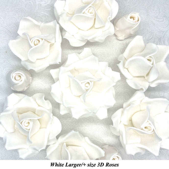 Non-Wired 4 Sizes 3D White Sugar Roses Larger Petal 23mm to 75mm