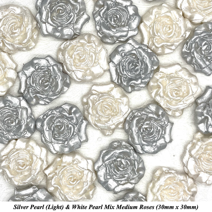 Silver & White Pearl Medium Moulded Sugar Roses