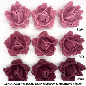Large Dusky Mauve 3D Non-Wired Sugar Roses in 3 tones 55mm