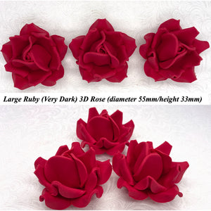 Non-Wired 4 Sizes 3D Rich Ruby Red Sugar Roses Standard Petal 20mm-65mm