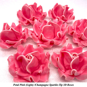 Champagne Sparkle-Tip Pink Sugar Roses 3SIZES NON WIRED Silver/Gold Sparkle Tip Options