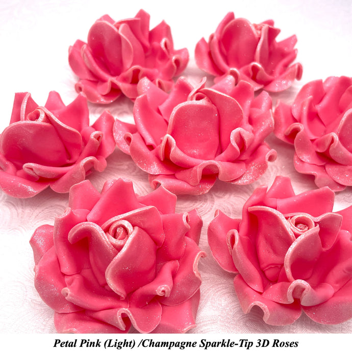 Champagne Sparkle-Tip Pink Sugar Roses 3SIZES NON WIRED Silver/Gold Sparkle Tip Options