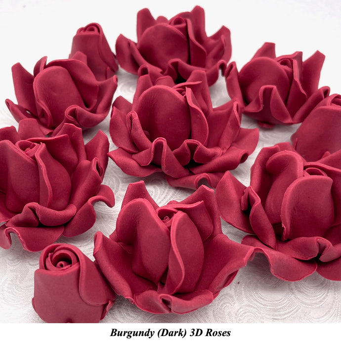 Non-Wired 4 Sizes 3D Burgundy Red Sugar Roses Standard Petal 20mm-65mm