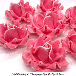 Champagne Sparkle-Tip Pink Sugar Roses 3SIZES NON WIRED Silver/Gold Sparkle Tip Options