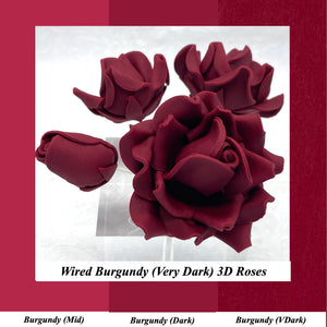 Wired Burgundy Red Sugar Roses Standard Petal 4 Sizes 3 Shades 25mm-70mm