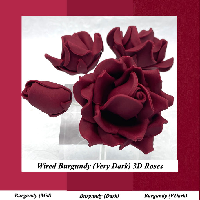 Wired Burgundy Red Sugar Roses Standard Petal 4 Sizes 3 Shades 25mm-70mm