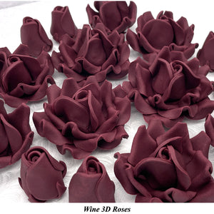 Deep Dusky Mauve Wine 3D Sugar Non-Wired Roses  3 SHADES 4 SIZES