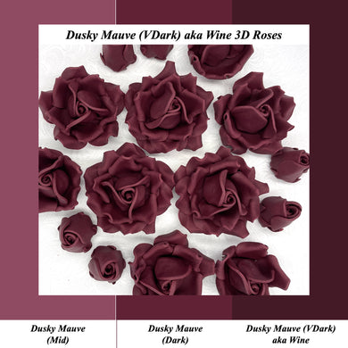 Deep Dusky Mauve Wine 3D Sugar Non-Wired Roses  3 SHADES 4 SIZES
