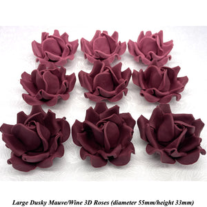 Large Deep Dusky Mauve Wine 3D Non-Wired Sugar Roses in 3 tones 55mm