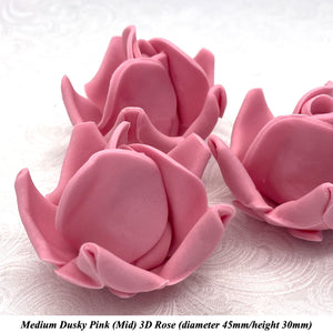 Dusky PInk 3D Sugar Non-Wired Roses  3 SHADES 4 SIZES
