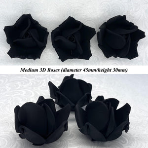Non-Wired 4 Sizes 3D Jet Black Sugar Roses Standard Petal 20mm-65mm