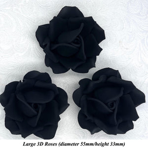 Non-Wired 4 Sizes 3D Jet Black Sugar Roses Standard Petal 20mm-65mm