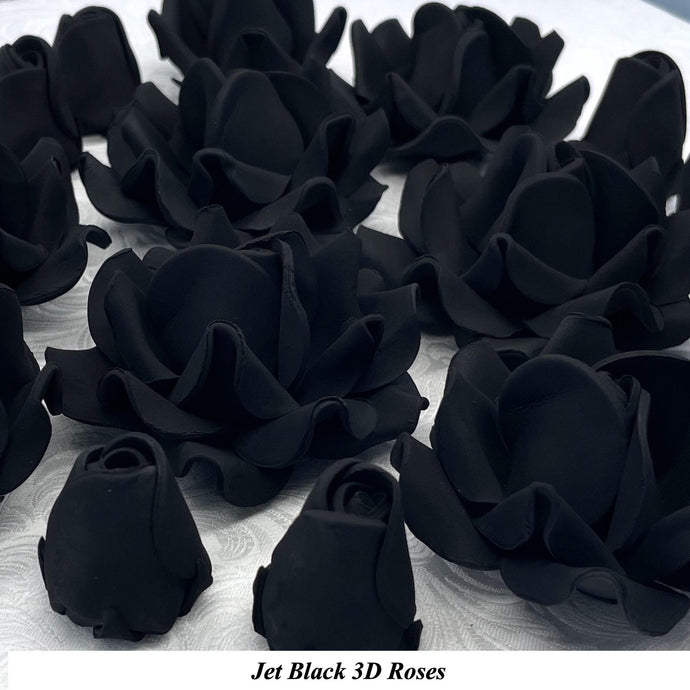 Non-Wired 4 Sizes 3D Jet Black Sugar Roses Standard Petal 20mm-65mm