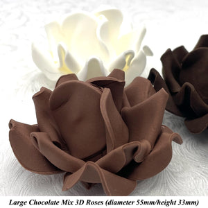Non-Wired Large 3D White, Milk & Dark Chocolate Brown Sugar Roses Standard Petal 55mm