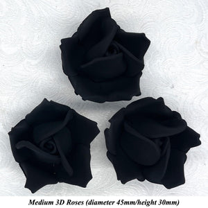 Non-Wired 4 Sizes 3D Jet Black Sugar Roses Standard Petal 20mm-65mm