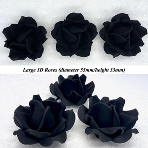 Non-Wired 4 Sizes 3D Jet Black Sugar Roses Standard Petal 20mm-65mm