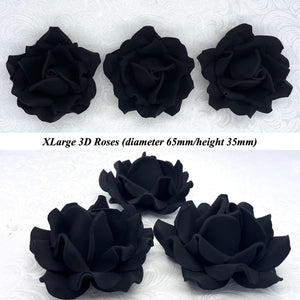 Non-Wired 4 Sizes 3D Jet Black Sugar Roses Standard Petal 20mm-65mm