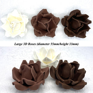 Non-Wired Large 3D White, Milk & Dark Chocolate Brown Sugar Roses Standard Petal 55mm