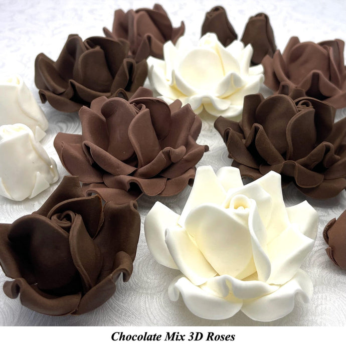 Non-Wired 4 Sizes 3D White, Milk & Dark Chocolate Mix Brown Sugar Roses Standard Petal 20mm-65mm
