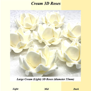Non-wired Large 3D Cream Sugar Roses in Light, Medium & Dark Shades 55mm
