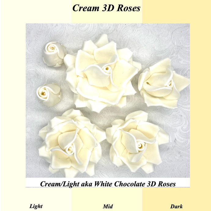 Non-wired Large 3D Cream Sugar Roses in Light, Medium & Dark Shades 4 Sizes