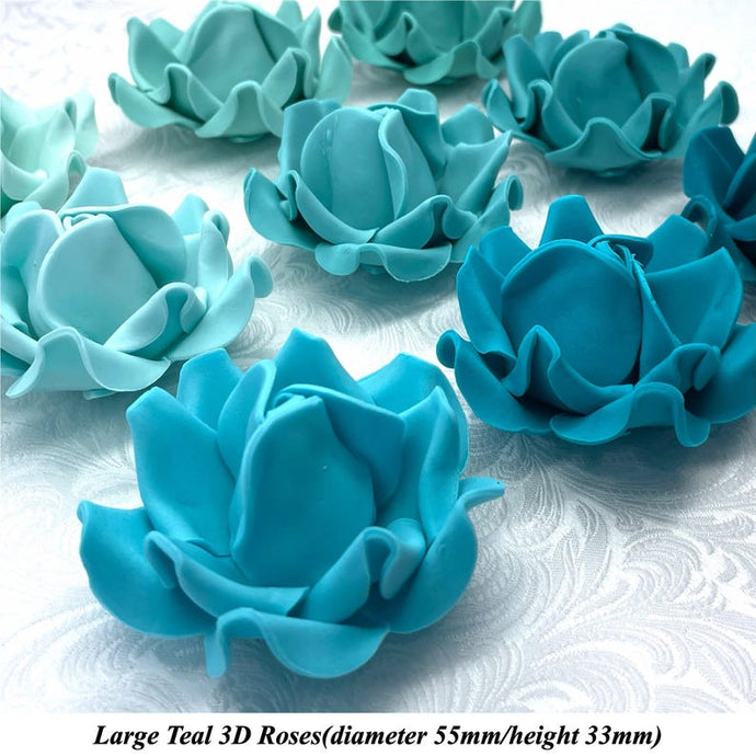 Non-Wired Large 3D Teal Blue Sugar Roses Standard Petal 55mm 3 SHADES