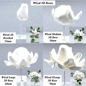 Wired 3D White Sugar Roses Standard Petal 4 Sizes 25mm-70mm