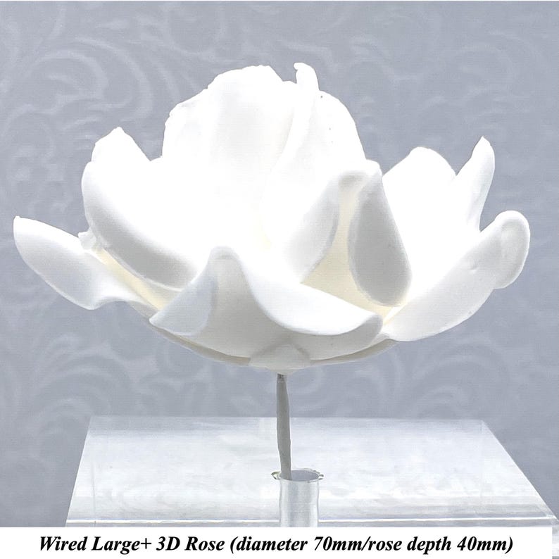 White Wired Larger Petal Large+ 3D Sugar Roses & Wired Leaves