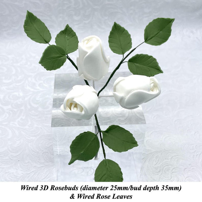 White Wired 3D Sugar Rosebuds & Leaves