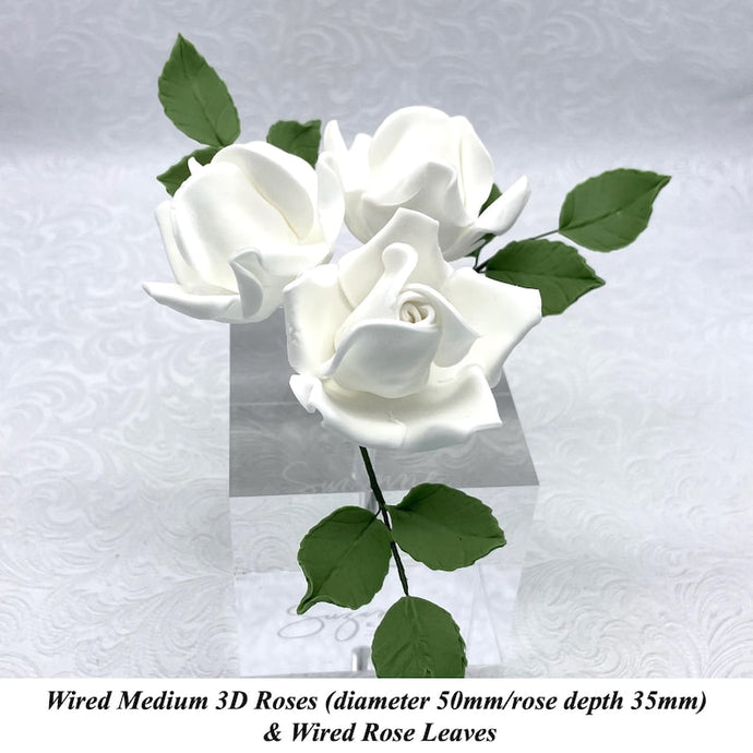 White Wired Medium 3D Sugar Roses & Leaves