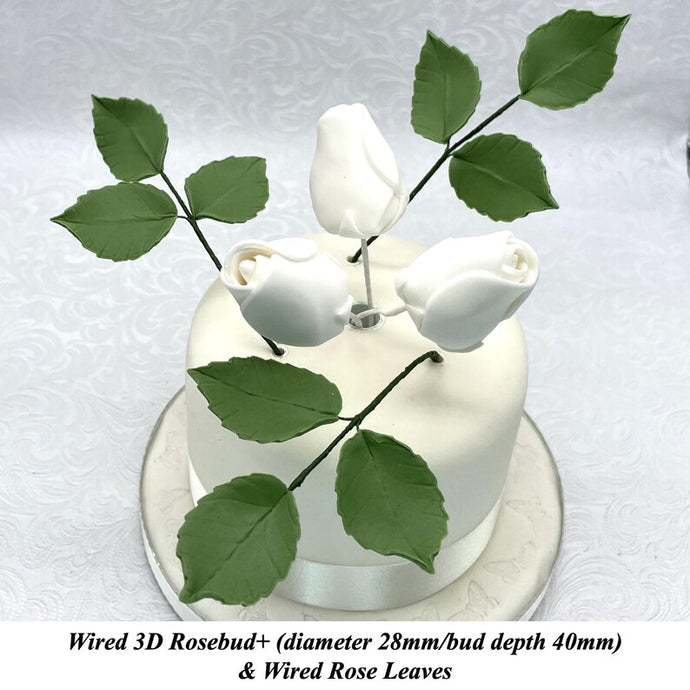 White Wired Larger Petal 3D Sugar Rosebuds & Wired Leaves