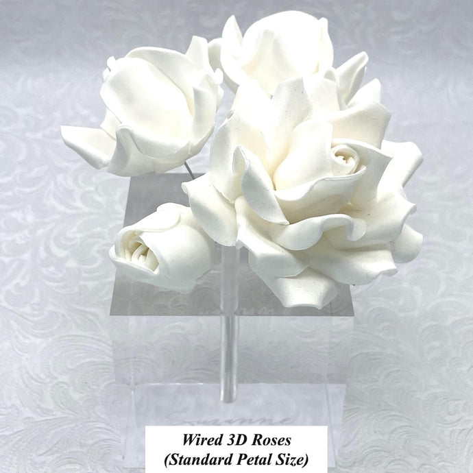 Wired 3D White Sugar Roses Standard Petal 4 Sizes 25mm-70mm